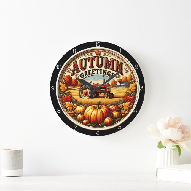 Grande Horloge Ronde Autumn Greetings Tractor Pumpkin Farm (Maison)