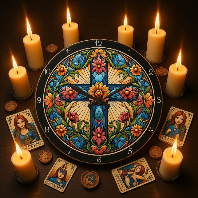 Grande Horloge Ronde Autumnal Floral Stained Glass Cross  (Créateur téléchargé)