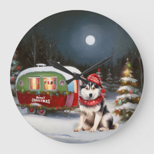 Grande Horloge Ronde Aventure de Noël de la caravane de husky sibérien