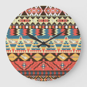 Grande Horloge Ronde Aztèque coloré : oiseaux, fleurs motif.
