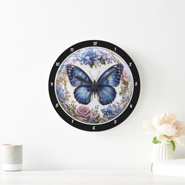Grande Horloge Ronde Azure Bloom" - Bleu Butterfly Floral (Maison)