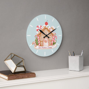 Grande Horloge Ronde Baby Blue Gingerbread Maison de vacances Nom de fa