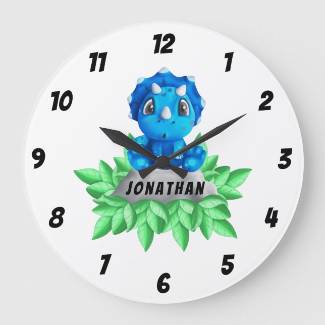 Grande Horloge Ronde Baby Blue Tricératops Dinosaur Large Clock (Recto)