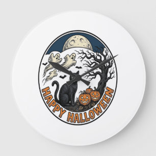Grande Horloge Ronde Badge Chat de Halloween Vintage Fantôme Clair de L