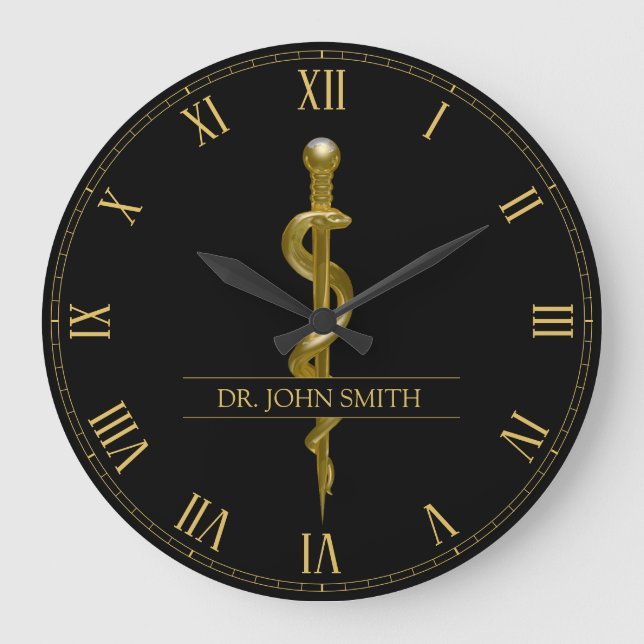 Grande Horloge Ronde Baguette Médicale d'Asclepius Gold sur Noir (Recto)