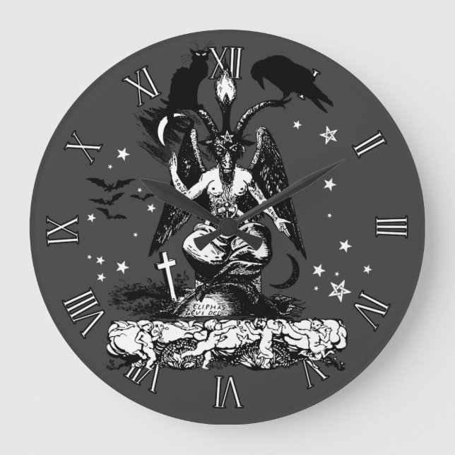 Grande Horloge Ronde Bahomet gothique avec chat et corbeau (Recto)