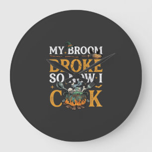 Grande Horloge Ronde Balai Casse Chaudron Halloween Crânes Chat Noir_1
