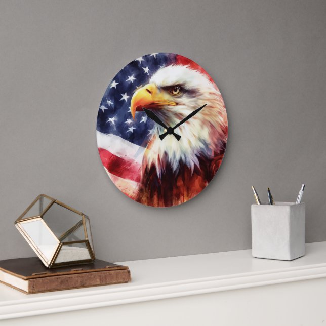 Grande Horloge Ronde Bald Eagle avec drapeau des États-Unis d'Amérique (Bureau)