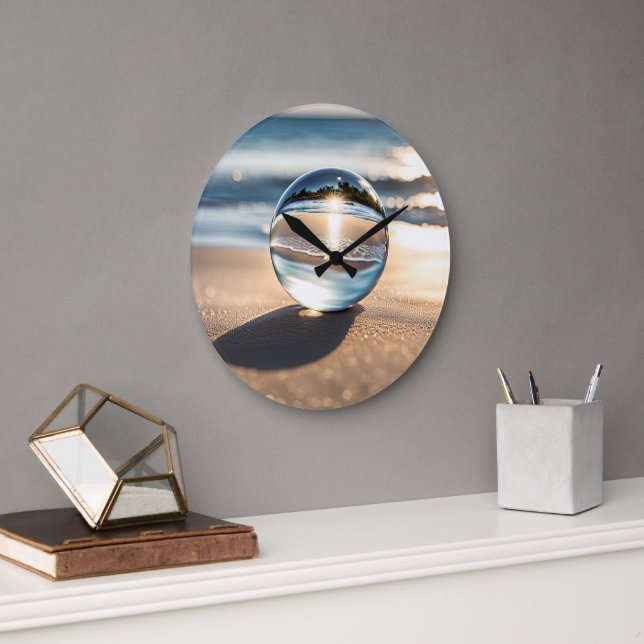 Grande Horloge Ronde Balle De Lens Avec Ocean Beach Réflexion (Bureau)