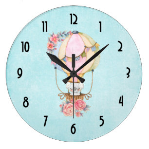 Grande Horloge Ronde Ballons à air chaud mignon avec aquarelle à ours