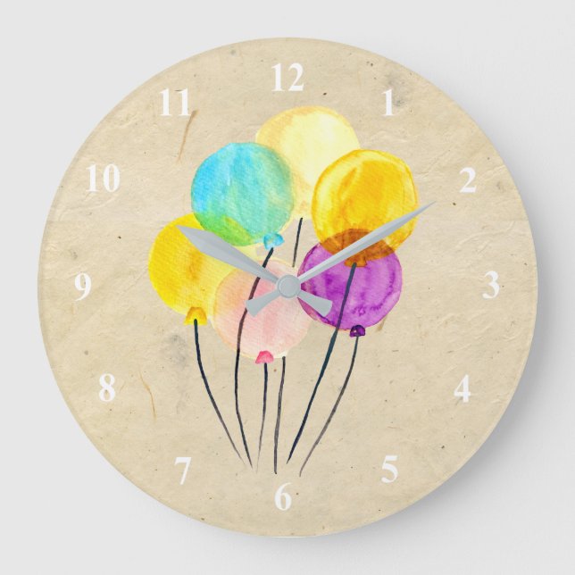 Grande Horloge Ronde Ballons d'aquarelle pastel mignons (Recto)