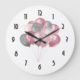 Grande Horloge Ronde Ballons de losange de Glittery en rose et en argen