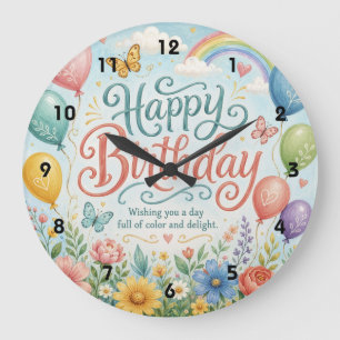 Grande Horloge Ronde Ballons de pluie floraux aquarelles fantaisistes