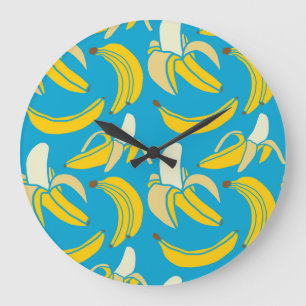 Grande Horloge Ronde Bananes jaunes, motif arrière - plan bleu