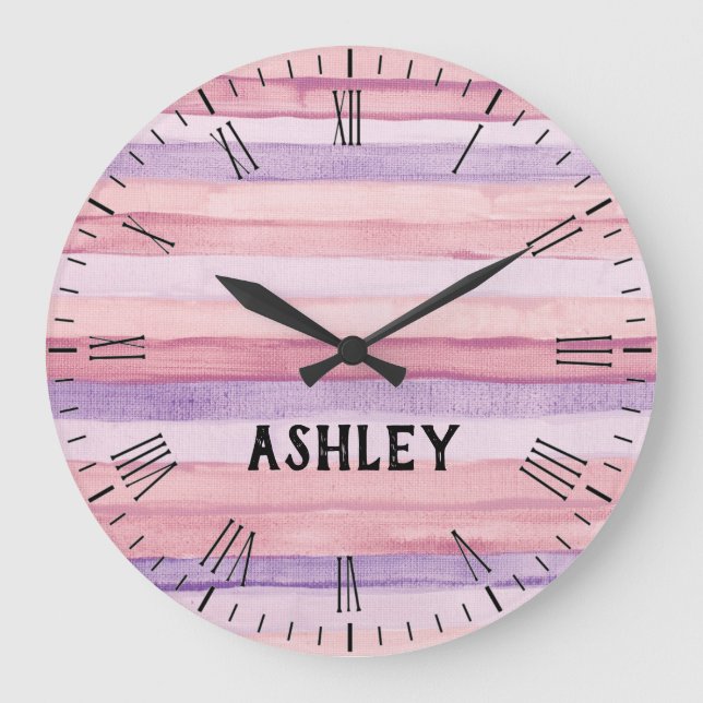 Grande Horloge Ronde Bandes d'aquarelle rose et violet personnalisées (Recto)