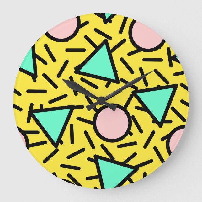 Grande Horloge Ronde Bandes de mosaïque : rétro memphis motif (Recto)