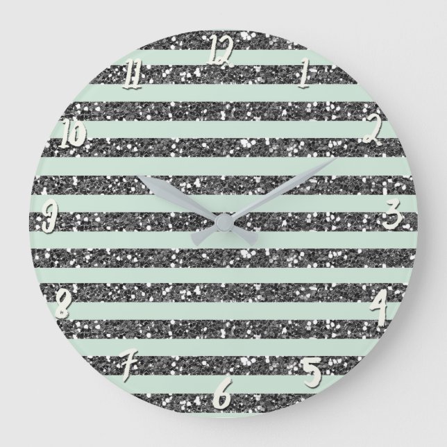 Grande Horloge Ronde Bandes de paillettes vertes et argentées Minty Min (Recto)