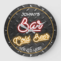 Grande Horloge Ronde Barre N'Importe Quel Nom Faux Neon Plaque Diamant 