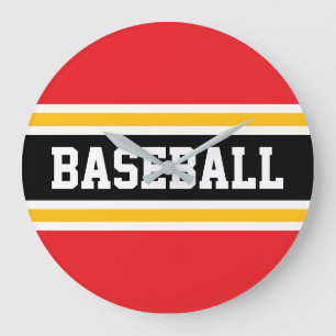 Grande Horloge Ronde BASEBALL Rouge vif Blanc Noir Orange Rayures