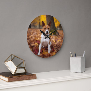 Grande Horloge Ronde Basenji en automne Feuilles automne Inspiration