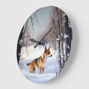Grande Horloge Ronde Basenji Laissez Tomber la Neige Noël
