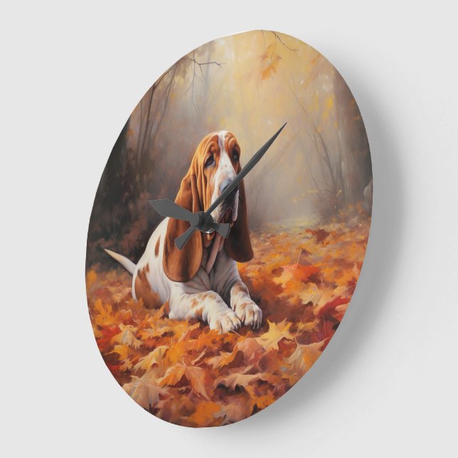 Grande Horloge Ronde Basset Hound à l'automne Leaves automne Inspire (Angle)