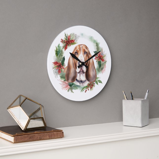 Grande Horloge Ronde Basset Hound Festive Wreath de Noël Pup (Bureau)