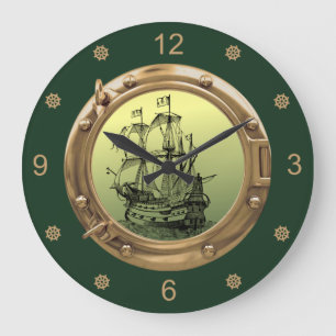 Grande Horloge Ronde Bateau à voile Galleon ~ Porthol en laiton ~