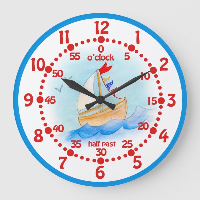 Grande Horloge Ronde Bateau à voile pour enfants apprendre l'heure Mur  (Recto)