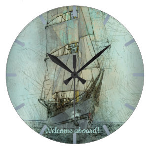 Grande Horloge Ronde Bateau classique nautique (bleu)