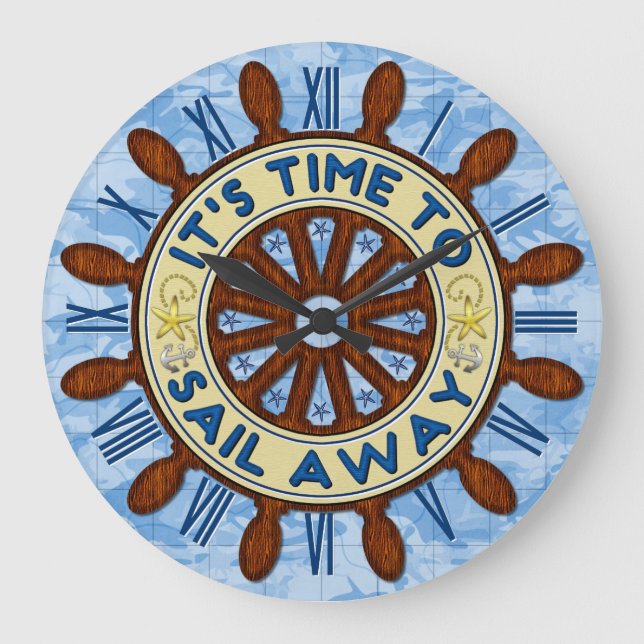 Grande Horloge Ronde Bateau Helm Wood Wheel Nautical Blue Map Voile (Recto)