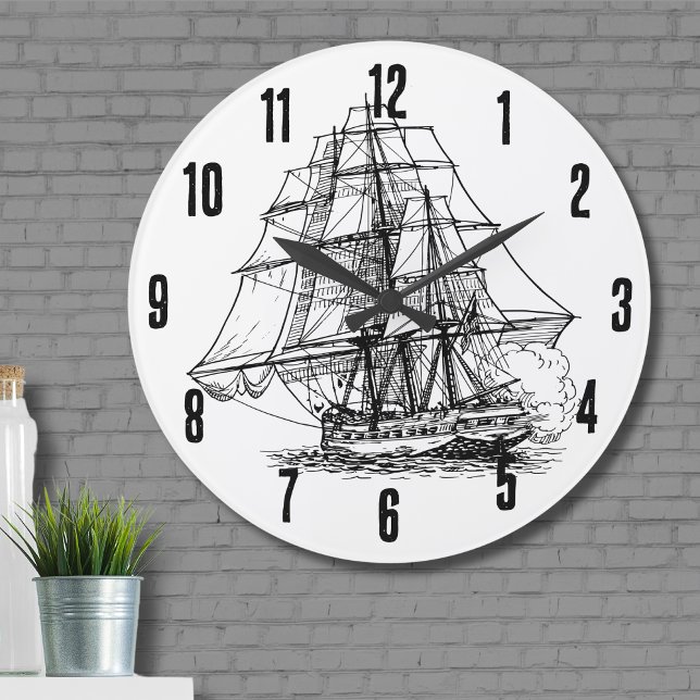 Grande Horloge Ronde Bateau Nautique Noir Blanc Simple Bateau Pirate (Simple Black White Nautical Boat Pirate Ship Large Clock)