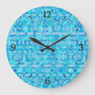 Grande Horloge Ronde Batik tribal - nuances de bleu