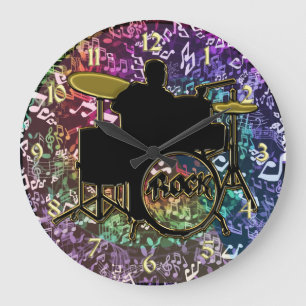 Grande Horloge Ronde Batteur sur le piège avec Rainbow Music Notes Horl
