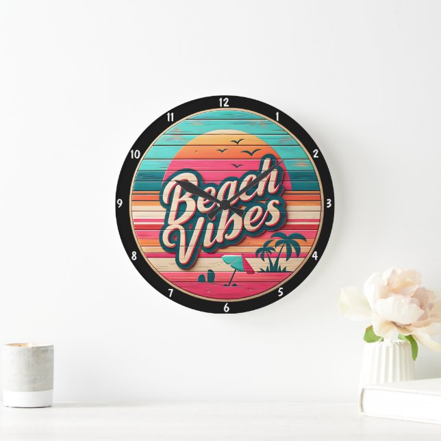 Grande Horloge Ronde Beach Vibes Design et coucher de soleil tropical (Maison)