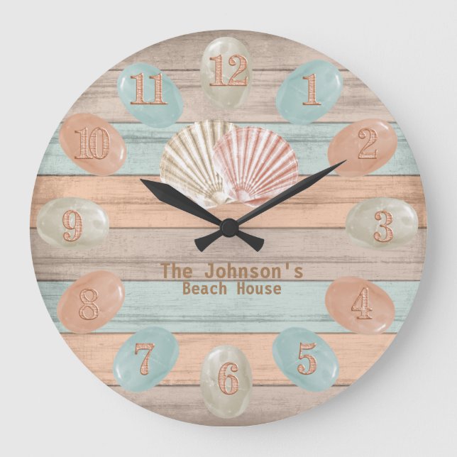 Grande Horloge Ronde Beach Wood Nautical Stripes & Sea Glass (Recto)