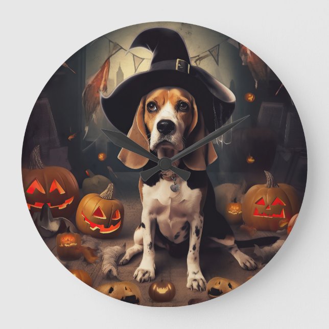 Grande Horloge Ronde Beagle Citrouille Halloween effroi (Recto)