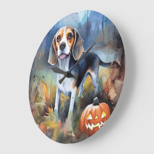Grande Horloge Ronde Beagle d'Halloween avec citrouilles effrayant
