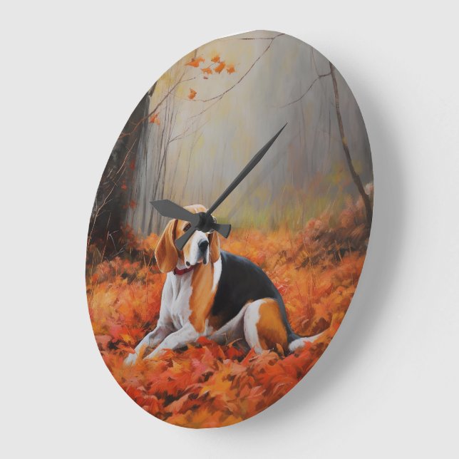 Grande Horloge Ronde Beagle en automne Leaves automne Inspire (Angle)