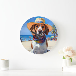 Grande Horloge Ronde Beagle sur la plage, cadeau d'été pour les amoureu