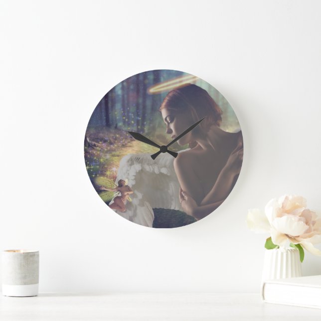 Grande Horloge Ronde Beau ange avec Imaginaire Fairy Art (Maison)