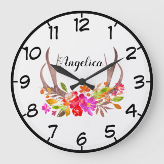 Grande Horloge Ronde Beau Antlers de Cerfs Floraux