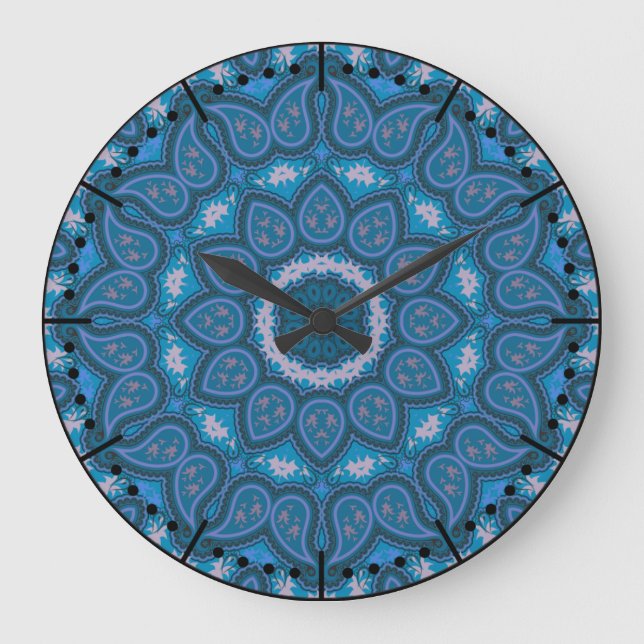 Grande Horloge Ronde Beau Blues Boho Paisley (Recto)