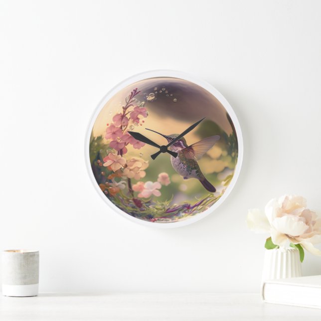Grande Horloge Ronde Beau colibri bulle florale Haven Nature (Maison)