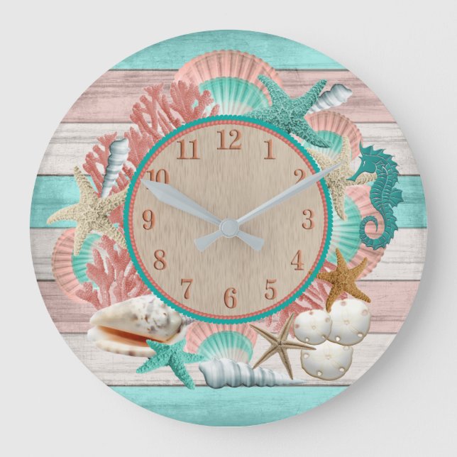 Grande Horloge Ronde Beau design de plage et de coquillages Turquoises  (Recto)
