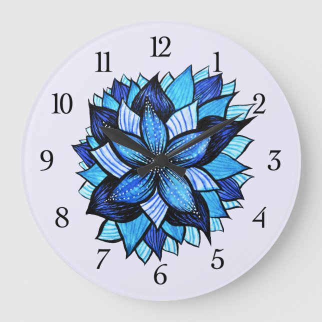 Grande Horloge Ronde Beau dessin d'encre de fleur bleue Abstraite (Recto)