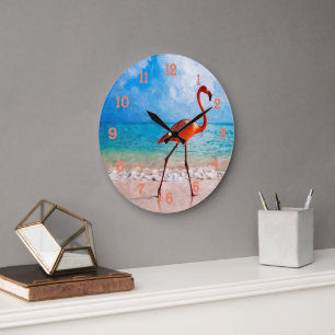 Grande Horloge Ronde Beau Flamant rose élégant sur l'art d'aquarelle 