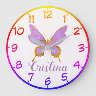 Grande Horloge Ronde Beau Papillon mauve et or