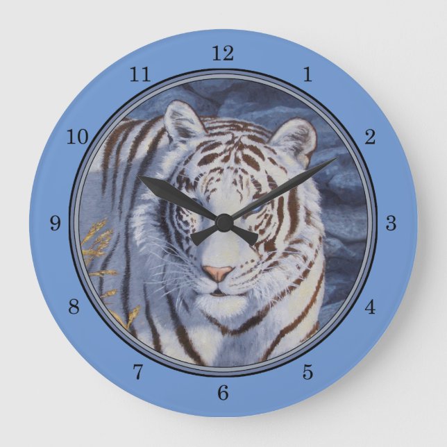 Grande Horloge Ronde Beau tigre blanc aux yeux bleu cristal (Recto)
