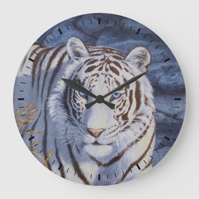 Grande Horloge Ronde Beau tigre blanc aux yeux bleu cristal (Recto)